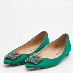 Pre Owned Manolo Blahnik Green Satin Hangisi Ballet Flats Size 39.5