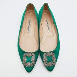 Pre Owned Manolo Blahnik Green Satin Hangisi Ballet Flats Size 39.5