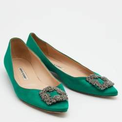 Pre Owned Manolo Blahnik Green Satin Hangisi Ballet Flats Size 39.5