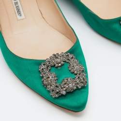 Pre Owned Manolo Blahnik Green Satin Hangisi Ballet Flats Size 39.5