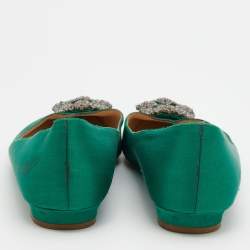 Pre Owned Manolo Blahnik Green Satin Hangisi Ballet Flats Size 39.5