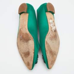 Pre Owned Manolo Blahnik Green Satin Hangisi Ballet Flats Size 39.5