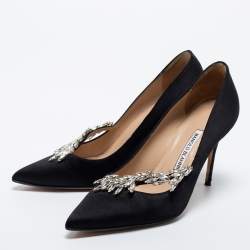 Pre Owned Manolo Blahnik Black Satin Nadira Pumps Size 38.5