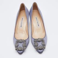 Pre Owned Manolo Blahnik Grey Satin Hangisi Crystal Embellished Pumps Size 36