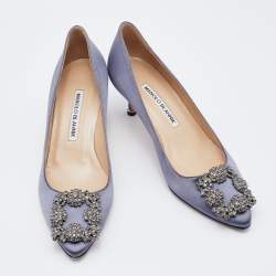 Pre Owned Manolo Blahnik Grey Satin Hangisi Crystal Embellished Pumps Size 36