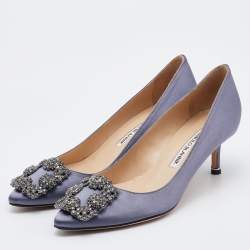 Pre Owned Manolo Blahnik Grey Satin Hangisi Crystal Embellished Pumps Size 36