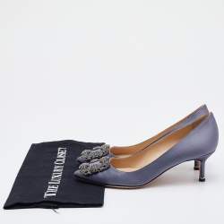 Pre Owned Manolo Blahnik Grey Satin Hangisi Crystal Embellished Pumps Size 36