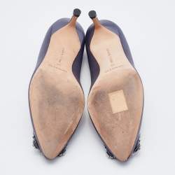 Pre Owned Manolo Blahnik Grey Satin Hangisi Crystal Embellished Pumps Size 36