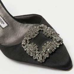 Manolo Blahnik Black Satin Hangisi Pointed Toe Mules Size 36.5