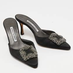 Manolo Blahnik Black Satin Hangisi Pointed Toe Mules Size 36.5