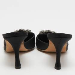 Manolo Blahnik Black Satin Hangisi Pointed Toe Mules Size 36.5