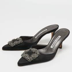Manolo Blahnik Black Satin Hangisi Pointed Toe Mules Size 36.5