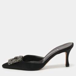 Manolo Blahnik Black Satin Hangisi Pointed Toe Mules Size 36.5