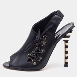 Pre Owned Manolo Blahnik Black Leather Lace Slingback Sandals Size 37