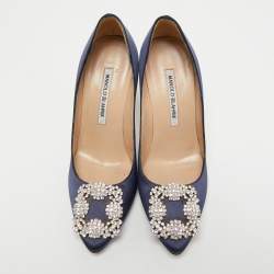Pre Owned Manolo Blahnik Navy Blue Satin Hangisi Pumps Size 36