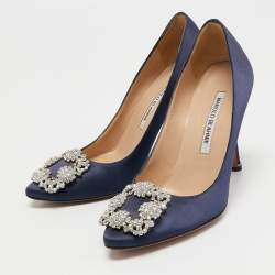 Pre Owned Manolo Blahnik Navy Blue Satin Hangisi Pumps Size 36
