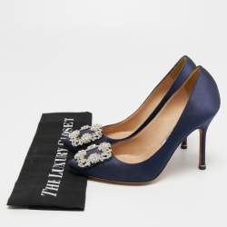 Pre Owned Manolo Blahnik Navy Blue Satin Hangisi Pumps Size 36