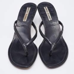 Pre Owned Manolo Blahnik Black Crocodile Leather Thong Sandals Size 37