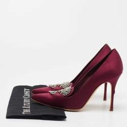 Pre Owned Manolo Blahnik Burgundy Satin Crystal Embellished Pumps Size 38