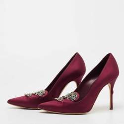 Pre Owned Manolo Blahnik Burgundy Satin Crystal Embellished Pumps Size 38