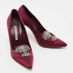 Pre Owned Manolo Blahnik Burgundy Satin Crystal Embellished Pumps Size 38