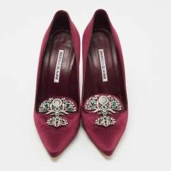 Pre Owned Manolo Blahnik Burgundy Satin Crystal Embellished Pumps Size 38