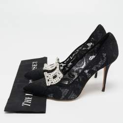 Pre Owned Manolo Blahnik Black Lace and Satin Borlak  Pumps Size 39.5