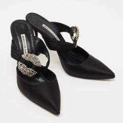 Pre Owned Manolo Blahnik Black Satin Maidugur Pointed Toe Mules Size 39