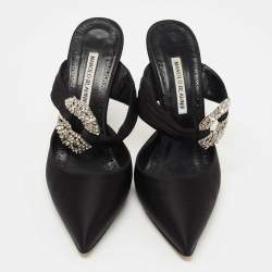 Pre Owned Manolo Blahnik Black Satin Maidugur Pointed Toe Mules Size 39