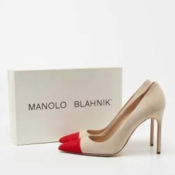 Pre Owned Manolo Blahnik Beige/Red Suede BB Pumps Size 39
