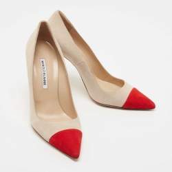 Pre Owned Manolo Blahnik Beige/Red Suede BB Pumps Size 39