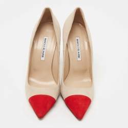 Pre Owned Manolo Blahnik Beige/Red Suede BB Pumps Size 39