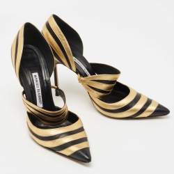 Pre Owned Manolo Blahnik Black/Gold Leather Dorsay Pumps Size 39.5