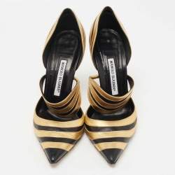 Pre Owned Manolo Blahnik Black/Gold Leather Dorsay Pumps Size 39.5