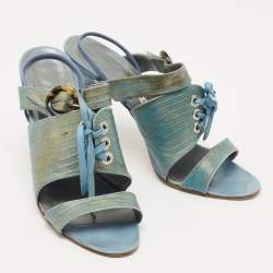 Pre Owned Manolo Blahnik Turquoise Lizard Leather Slingback Sandals Size 40