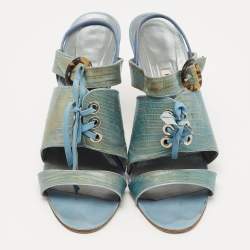 Pre Owned Manolo Blahnik Turquoise Lizard Leather Slingback Sandals Size 40