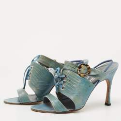 Pre Owned Manolo Blahnik Turquoise Lizard Leather Slingback Sandals Size 40