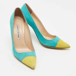 Manolo Blahnik Turquoise/Yellow Suede Bipunta Pumps Size 37.5