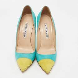 Manolo Blahnik Turquoise/Yellow Suede Bipunta Pumps Size 37.5