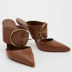 Manolo Blahnik Brown Leather Buckle Detail Pointed Toe Mules Size 36