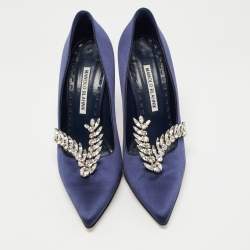Pre Owned Manolo Blahnik Navy Blue Satin Shufti Pumps Size 38