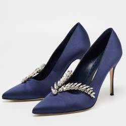 Pre Owned Manolo Blahnik Navy Blue Satin Shufti Pumps Size 38