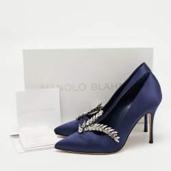 Pre Owned Manolo Blahnik Navy Blue Satin Shufti Pumps Size 38