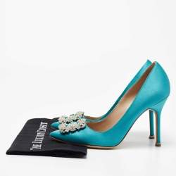 Pre Owned Manolo Blahnik Turquoise Satin Hangisi Pumps Size 38