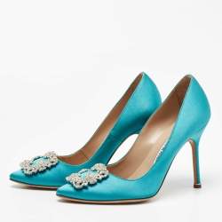 Pre Owned Manolo Blahnik Turquoise Satin Hangisi Pumps Size 38