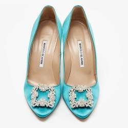 Pre Owned Manolo Blahnik Turquoise Satin Hangisi Pumps Size 38