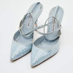 Pre Owned Manolo Blahnik Light Blue Denim Sea Salts Sequins Ankle Strap Pumps Size 36.5