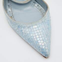 Pre Owned Manolo Blahnik Light Blue Denim Sea Salts Sequins Ankle Strap Pumps Size 36.5
