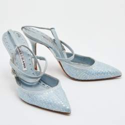 Pre Owned Manolo Blahnik Light Blue Denim Sea Salts Sequins Ankle Strap Pumps Size 36.5