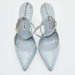 Pre Owned Manolo Blahnik Light Blue Denim Sea Salts Sequins Ankle Strap Pumps Size 36.5